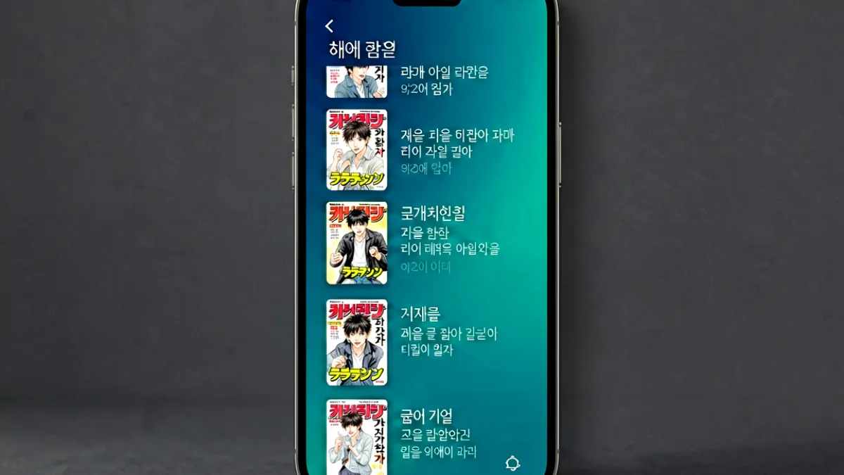 一位年轻读者在智能手机上观看韩国条漫式成人漫画的纵向滚动界面，画面展示多个阅读APP图标并列排列在深色背景上
