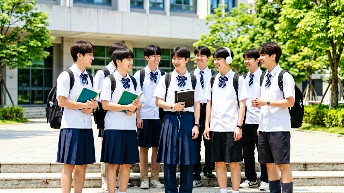 一群韩国大学生穿着校服在校园建筑前的台阶上聚集，有人抱着书本有人戴着耳机，背景是现代大学教学楼与绿树环绕的晴天场景