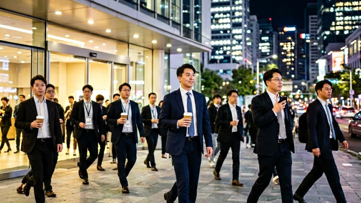 韩国都市写字楼前穿着西装的上班族在下班高峰期走出大楼，有人拿着咖啡杯有人在打电话，背景是高楼林立的金融区夜景