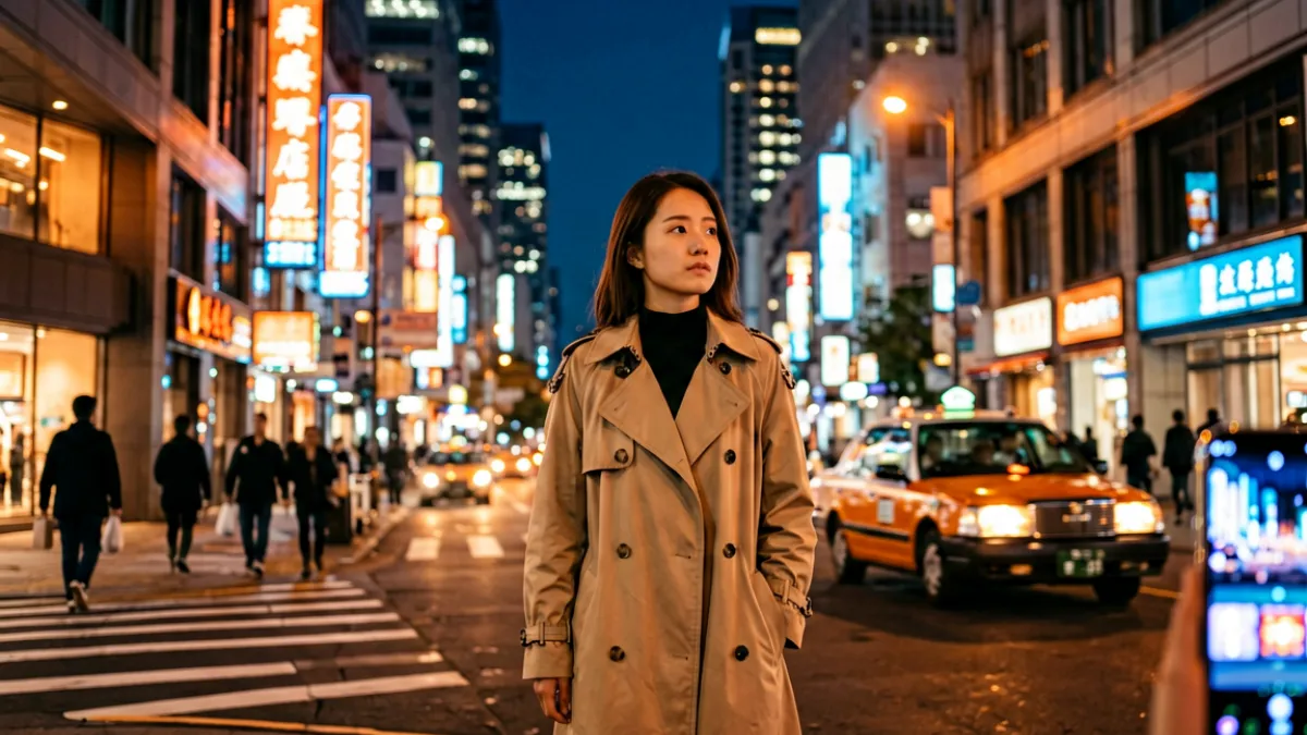 暖色调插画中一位穿风衣的年轻女性站在首尔江南区夜色街景前，背后是霓虹灯照亮的写字楼群，氛围暧昧而都市感十足